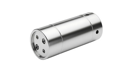 Silver Cylindrical Mechanical Component with Multiple Holes on White Background