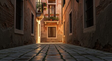 Charming venetian alleyway with old buildings and cobblestone street, creating a picturesque scene of venices unique architectural beauty