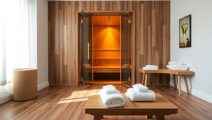 Relaxing sauna room with clean towels and wood interior