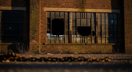 Dilapidated brick building with broken windows and overgrown vines, evoking a sense of decay and abandonment in an urban exploration setting
