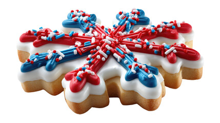 Patriotic Snowflake Delight: A close-up view of a festive snowflake cookie adorned with vibrant red, white, and blue icing, capturing the spirit of celebration and joy.