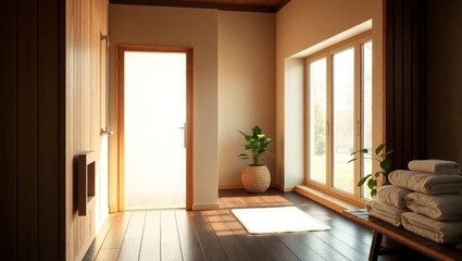 Relaxing spa interior with natural light and soft towels