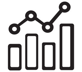 Clean line art icon representing a bar chart with a trend line and data points. Vector illustration.