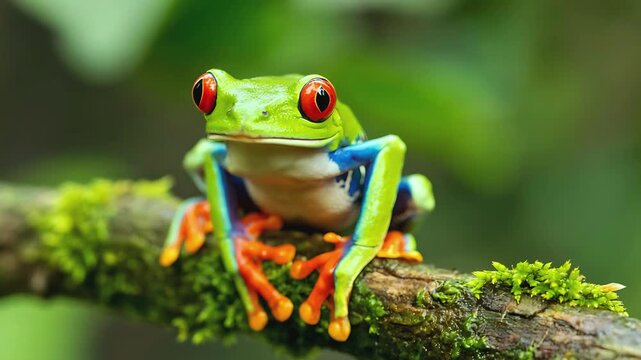 Red-Eyed Tree Frog on Mossy Branch in Caribbean Rainforest with Lush Foliage and Mist