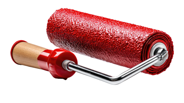 Red Roller and Handle: a paint roller with a striking red texture, and a wooden handle.
