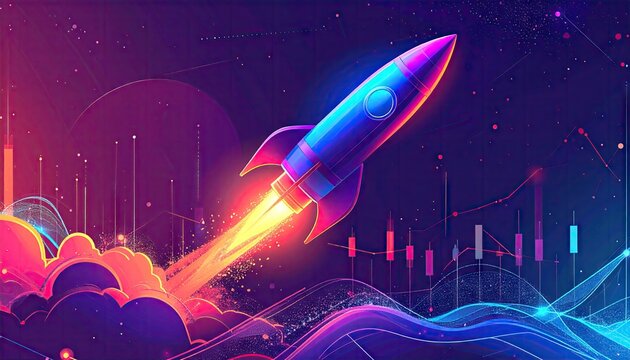 Futuristic Neon Rocket Launching into Digital Data Cosmos.