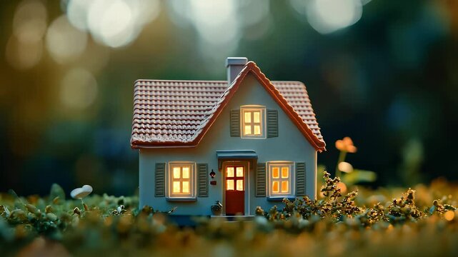 A small model house stands nestled among vibrant greenery, with warm light glowing from its windows. This model house showcases charming details and a welcoming presence in the gar