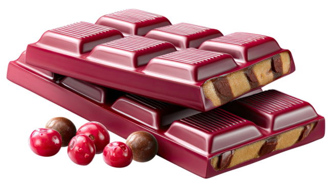 Berry Delight: An artful close-up reveals a delicious chocolate bar featuring the flavors of tartness and sweetness. Paired with succulent round candies.