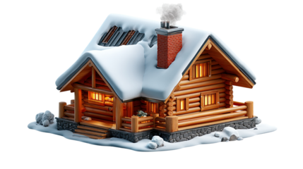 Cozy Winter Retreat: Snow-laden wooden cabin emits a welcoming warmth with gentle smoke trailing from the chimney, symbolizing a comfortable winter getaway.