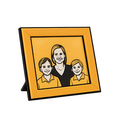 Vibrant illustration of family portrait in yellow frame, featuring mother and her two children, set against transparent background