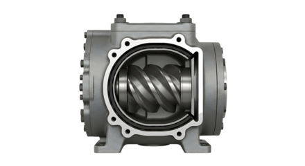 Automotive Gearbox Housing with Visible Spiral Gear in Silver Gray Industrial Finish