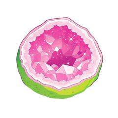 Vibrant, transparent background showcases colorful geode with pink crystals and green outer layer, creating stunning visual effect
