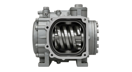 Mechanical Gearbox with Visible Internal Spiral Gears on White Background