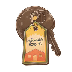 Affordable housing keychain with tag featuring house illustration and words Affordable Housing on transparent background