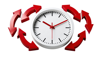 Clockwise Flow of Time: A central clock face is encircled by a dynamic loop of red arrows. This composition embodies the cyclical nature of time and its continuous progression.