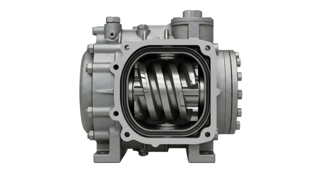 Mechanical Gearbox with Visible Internal Spiral Gears on White Background