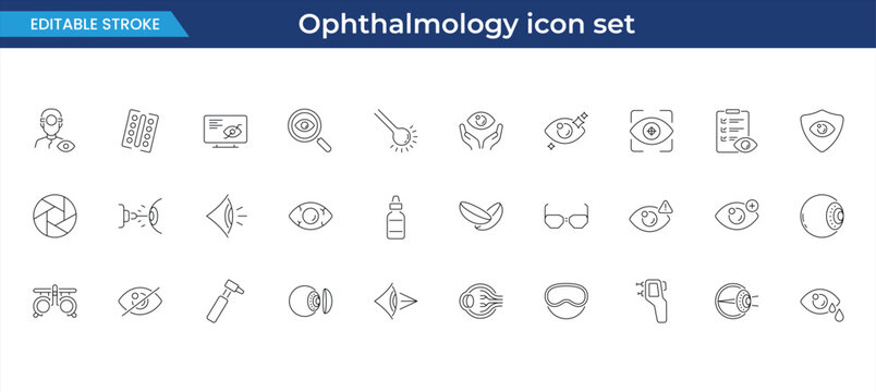 Ophthalmology icon set with 30 linear vector elements, eye care and vision health symbols, medical optometry icons for clinics and apps