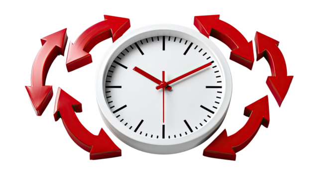 Clockwise Flow of Time: A central clock face is encircled by a dynamic loop of red arrows. This composition embodies the cyclical nature of time and its continuous progression.