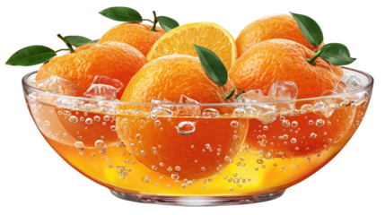 Citrus Delight: A vibrant arrangement of fresh oranges and segments nestled in a glass bowl filled with sparkling water, creating a refreshing and visually appealing display.