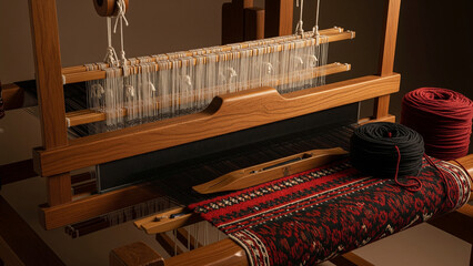 Naklejka premium Gulf Sadu Weaving Loom with Red Black Carpet Roll - Traditional Textile Craft Studio