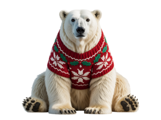 Winter polar bear in festive sweater isolated on transparent background