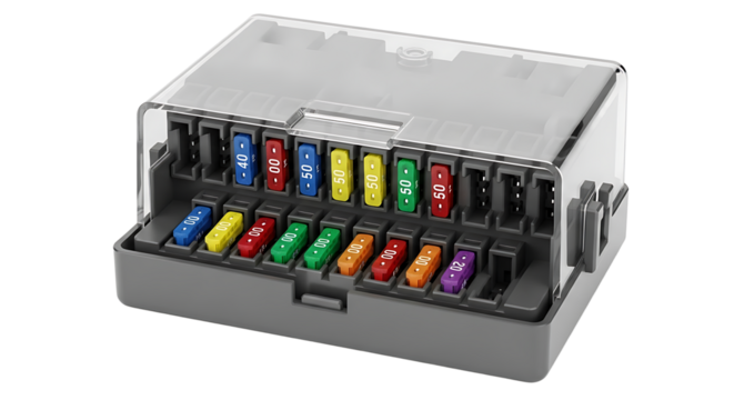 Automotive Fuse Box with Color Coded Fuses in Transparent Cover for Electrical Safety
