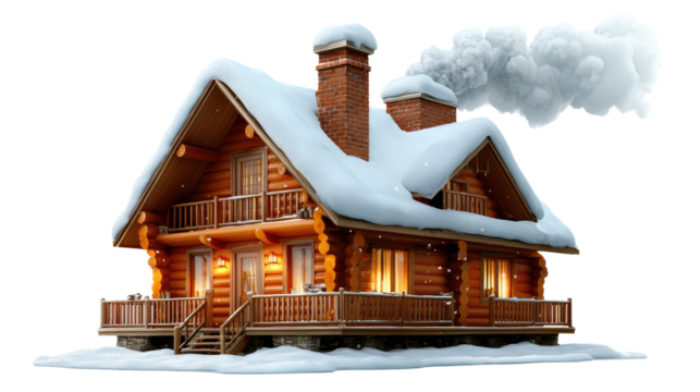 Cozy Cabin in Winter: A charming wooden cabin, blanketed in snow, exudes warmth and comfort as smoke gently billows from its chimney. Warm light flickers from within. - Powered by Adobe