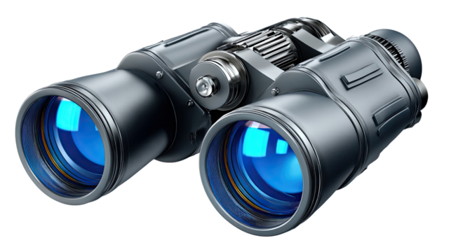 Binoculars: A close-up shot of powerful binoculars reveals a world of adventure and observation. The sleek design and blue lenses invite exploration and the discovery of hidden wonders.