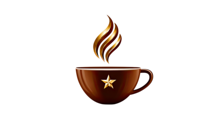 Aromatic Essence: A stylized, warm-toned illustration of a coffee cup, accented with golden steam and a star, emanating the inviting essence of a freshly brewed beverage.
