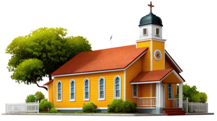 Quaint Chapel: A vibrant yellow chapel with a red roof stands under a blue sky, exuding a sense of peace and community
