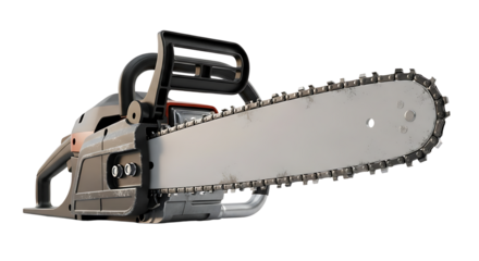 Powerful Grey Chainsaw with Black Handle and Silver Blade for Cutting Wood