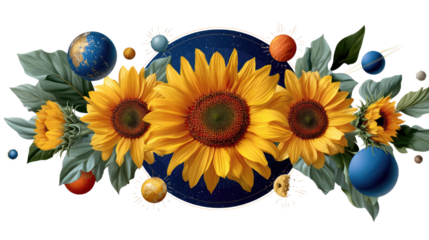 Sunflowers in Cosmic Bloom: A radiant composition showcases three vibrant sunflowers encircled by celestial elements, merging natural beauty with the awe of the cosmos.