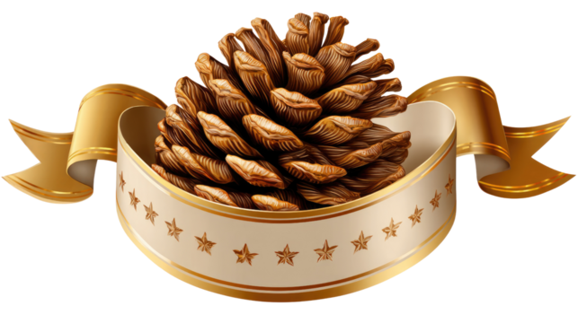 Pine Cone in Festive Ribbon: A meticulously crafted pine cone, symbol of nature's beauty, rests gracefully within an elegant ribbon, hinting at the festive spirit of celebration and gift-giving. 