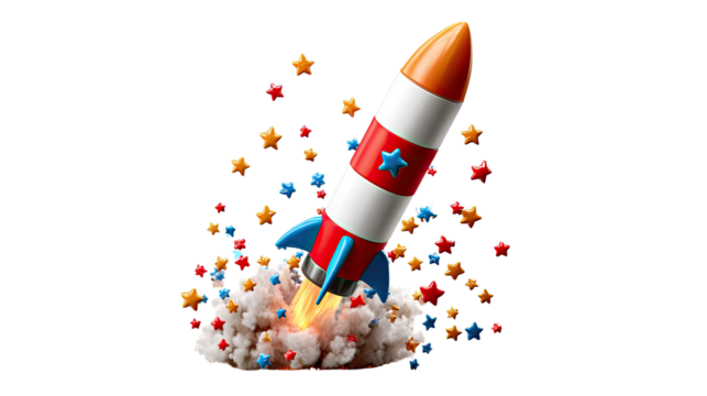 Rocket Launch into the Future: A vibrant rocket boldly ascends into the sky, leaving behind a trail of energy and ambition. A conceptual representation of innovation, start up, business, progress.