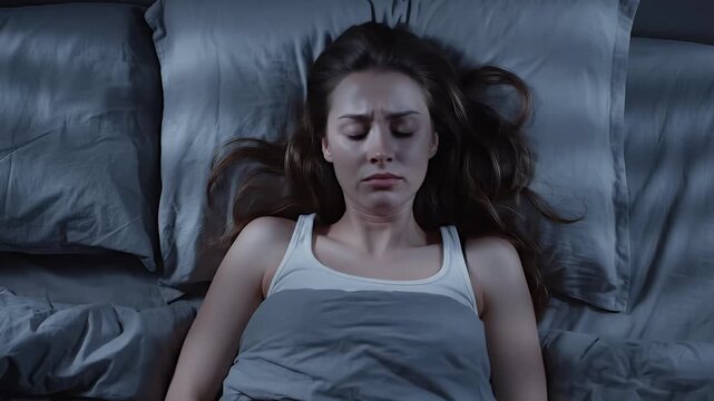 Woman lying awake on a dark gray bed with pillows, looking stressed or anxious at night