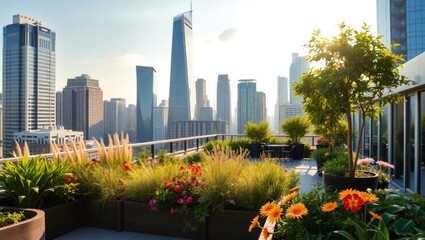 Stunning rooftop garden oasis overlooking city skyline