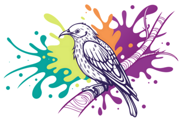 Bird perched on a branch with colorful paint splashes animal wildlife isolated on a transparent background
