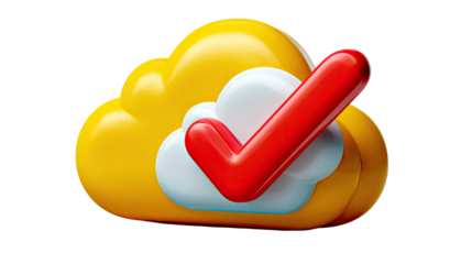 Cloud Checkmark Confirmation: A vibrant cloud icon, accentuated with a bold checkmark, symbolizes approval, validation, and confirmation, ideal for illustrating data integrity and system assurance.
