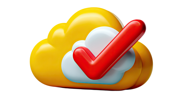 Cloud Checkmark Confirmation: A vibrant cloud icon, accentuated with a bold checkmark, symbolizes approval, validation, and confirmation, ideal for illustrating data integrity and system assurance.