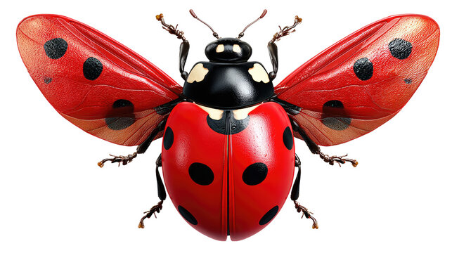 Ladybug in Flight: Witness the vibrant wings of a ladybug unfurl in mid-flight, showcasing its striking red and black patterned shell against the pure background.