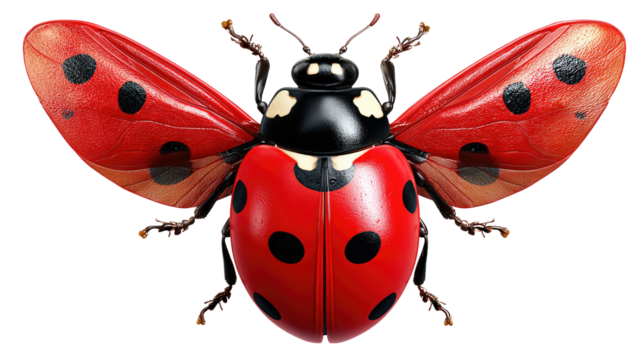 Ladybug in Flight: Witness the vibrant wings of a ladybug unfurl in mid-flight, showcasing its striking red and black patterned shell against the pure background.