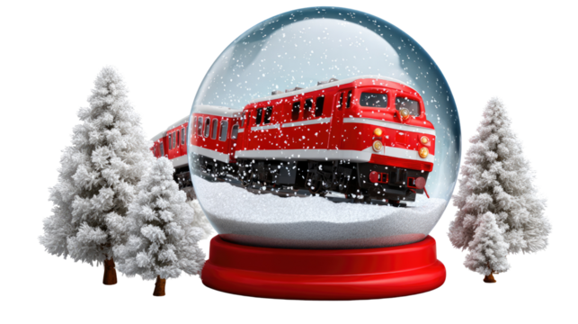 Winter Wonderland Train: A vibrant red train encapsulated in a snow globe, with fluffy trees, captures the magic of winter travel, perfect for holiday greetings and festive promotions.