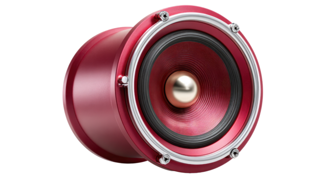  Crimson Sonic Marvel: A close-up shot captures the sleek design of a red audio speaker, highlighting its perfect form and potential for dynamic sound performance.