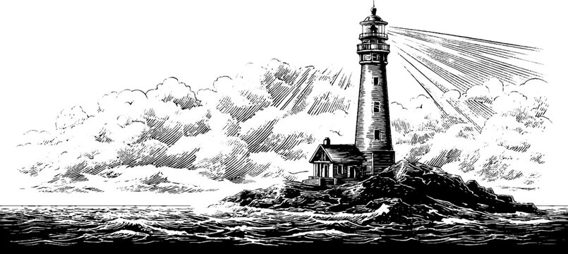 Engraved decorative vignette of lighthouse with sea horizon for coastal theme design