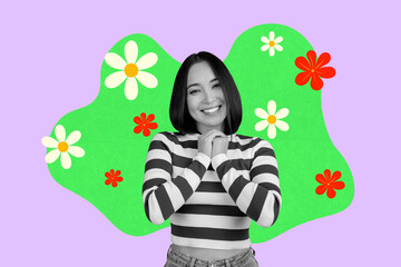 Collage with funny people among colorful flowers symbolizing family parentship friendship love dating romance relationships