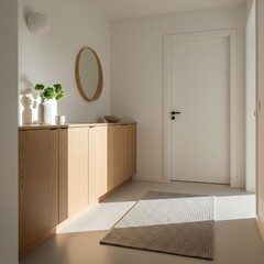 Minimalist hallway interior with wooden cabinet and natural sunlight.