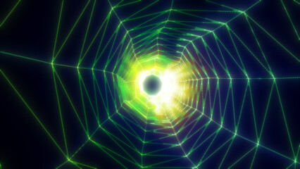 Radiant green geometric tunnel with glowing grid lines converging toward a bright luminous center, isolated on white background