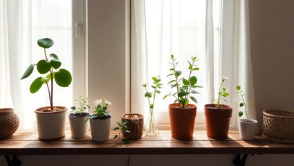 Green houseplants brighten windowsill with sheer curtains