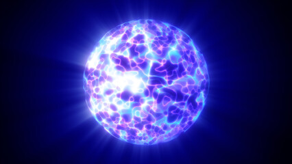 Luminous blue-purple plasma sphere with radiant electric patterns glowing in outer space