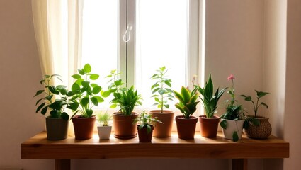 Charming potted houseplants basking in sunny window light